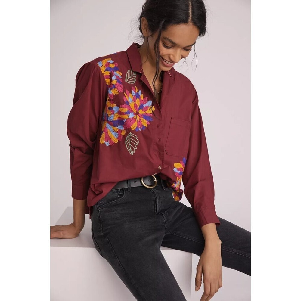 Burgundy Anthropologie Maeve Floral Embroidered Button Down Blouse Top (NWT)
